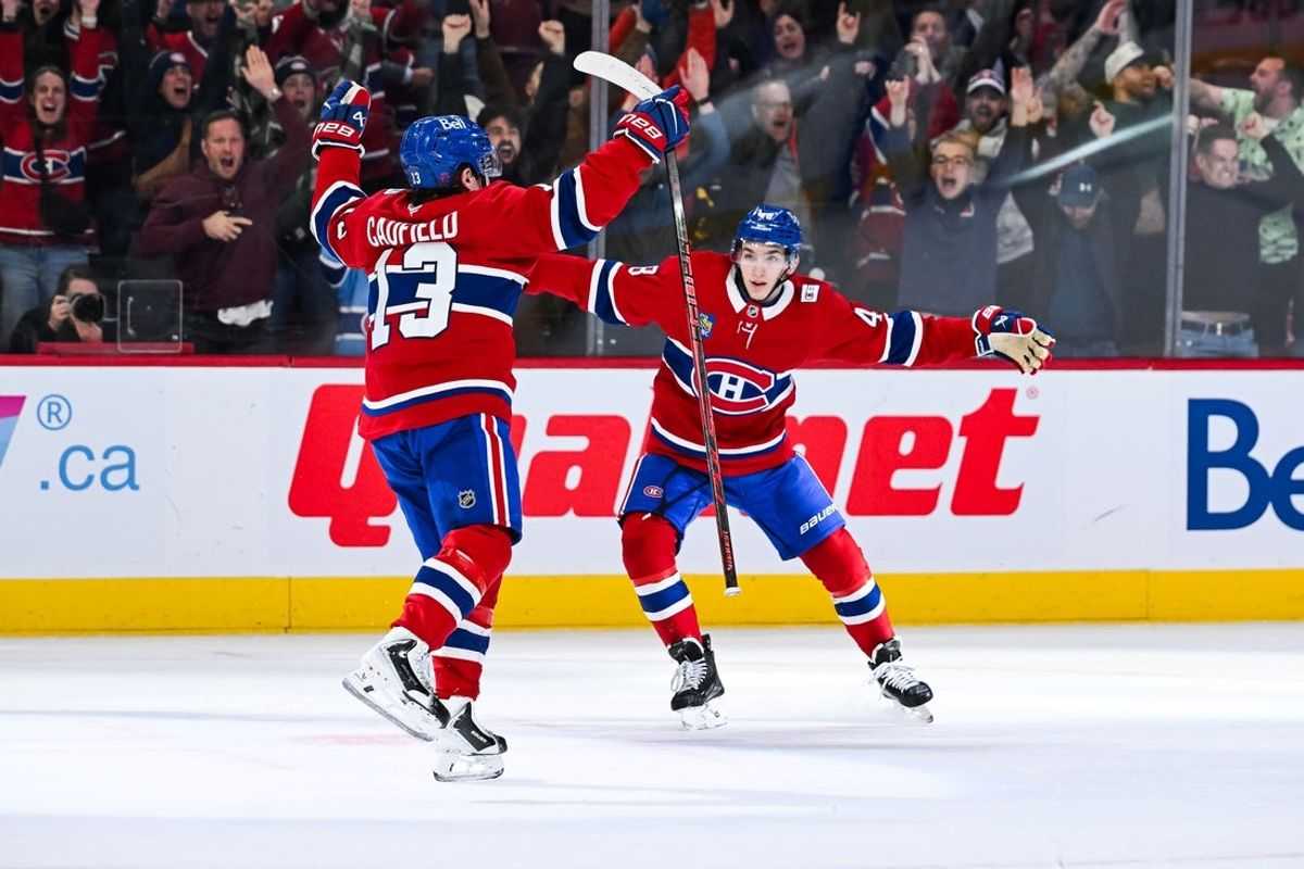 Mar 17, 2026; Montreal, Quebec, CAN; Montreal Canadiens right wing Cole Caufield (13) reacts after scoring the game winning goal in overtime against the Boston Bruins at Bell Centre. Mandatory Credit: David Kirouac-Imagn Images
