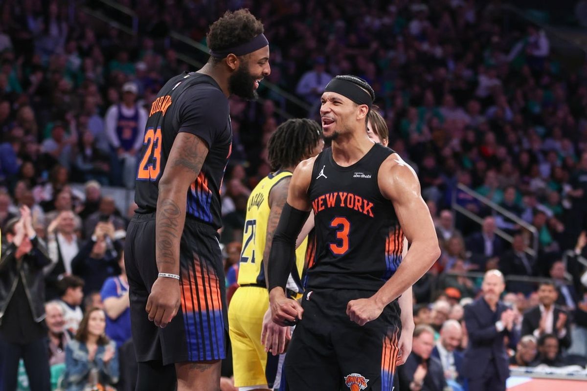 Mar 17, 2026; New York, New York, USA;  New York Knicks guard Josh Hart (3) celebrates center Mitchell Robinson (23) in the third quarter at Madison Square Garden. Mandatory Credit: Wendell Cruz-Imagn Images