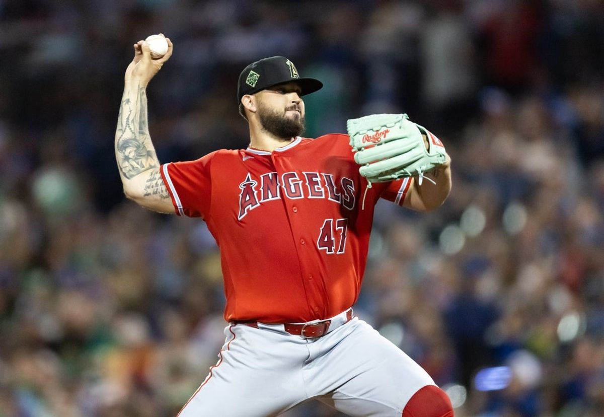 Mar 17, 2026; Mesa, Arizona, USA; Los Angeles Angels pitcher Alek Manoah against the Chicago Cubs during a spring training game at Sloan Park. Mandatory Credit: Mark J. Rebilas-Imagn Images