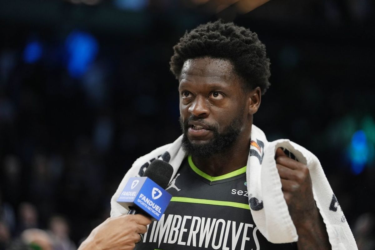 Mar 17, 2026; Minneapolis, Minnesota, USA; Minnesota Timberwolves forward Julius Randle (30) answers questions from a reporter after the game with the Phoenix Suns at Target Center. Mandatory Credit: Bruce Kluckhohn-Imagn Images