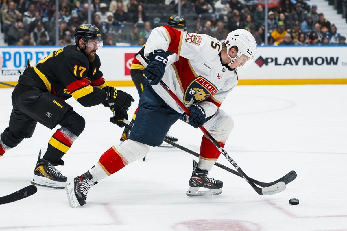 Mar 17, 2026; Vancouver, British Columbia, CAN; Vancouver Canucks defenseman Filip Hronek (17) stick checks Florida Panthers forward Anton Lundell (15) in the third period at Rogers Arena. Mandatory Credit: Bob Frid-Imagn Images