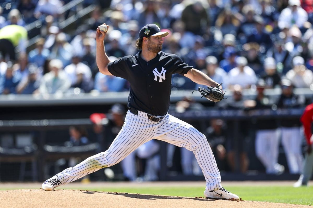 Mar 18, 2026; Tampa, Florida, USA; New York Yankees pitcher Gerrit Cole (45) throws a pitch against the Boston Red Sox in the first inning during spring training at George M. Steinbrenner Field. Mandatory Credit: Nathan Ray Seebeck-Imagn Images