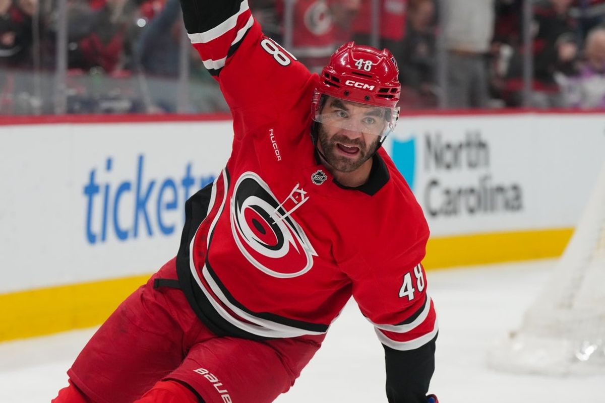 Mar 18, 2026; Raleigh, North Carolina, USA;  Carolina Hurricanes left wing Jordan Martinook (48) celebrates scoring a goal against the Pittsburgh Penguins during the first period at Lenovo Center. Mandatory Credit: James Guillory-Imagn Images
