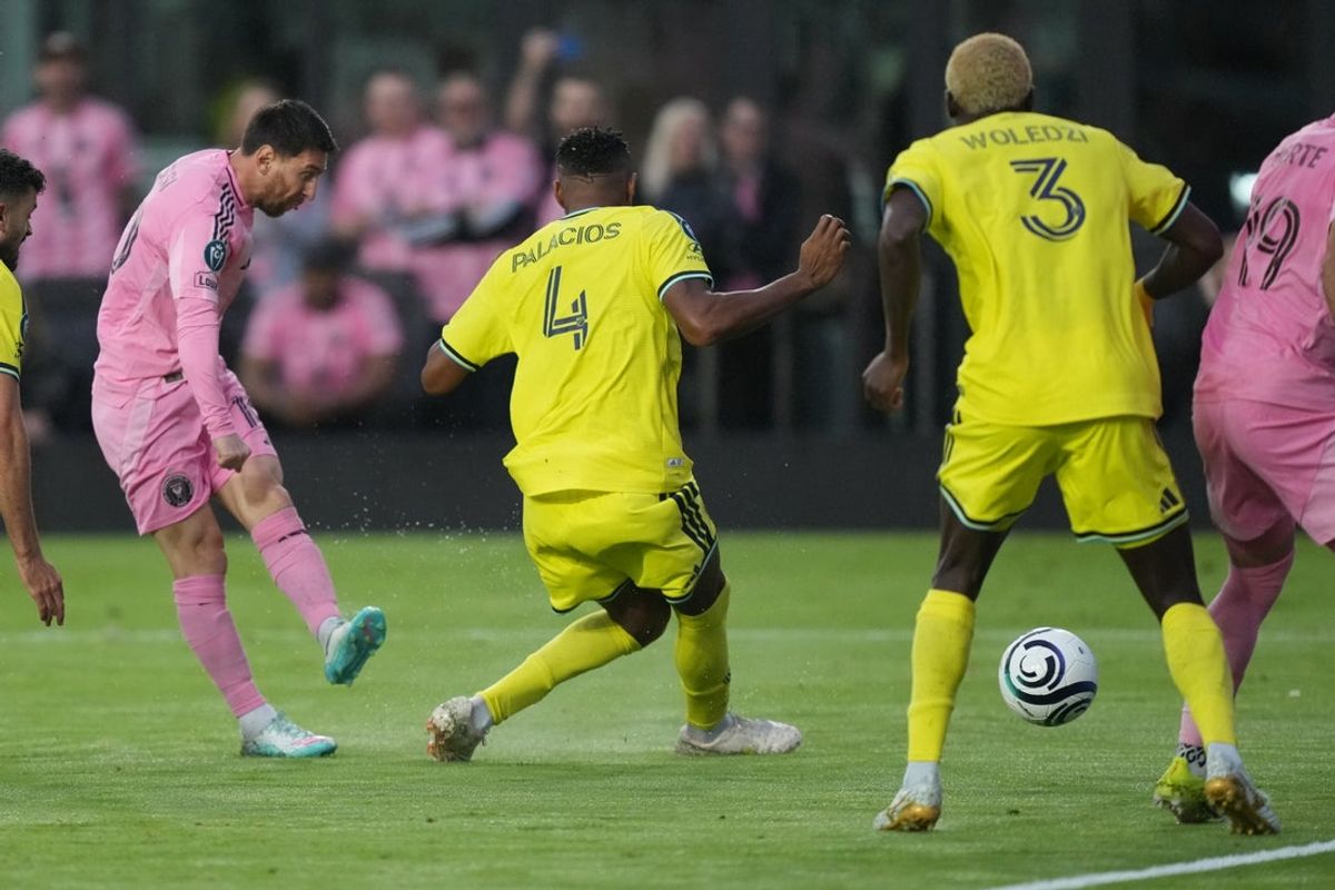 Mar 18, 2026; Fort Lauderdale, Florida, USA;  Inter Miami forward Lionel Messi (10) scores a goal against Nashville SC during the first half at Chase Stadium. The goal was the 900th of Messi’s career. Mandatory Credit: Jim Rassol-Imagn Images