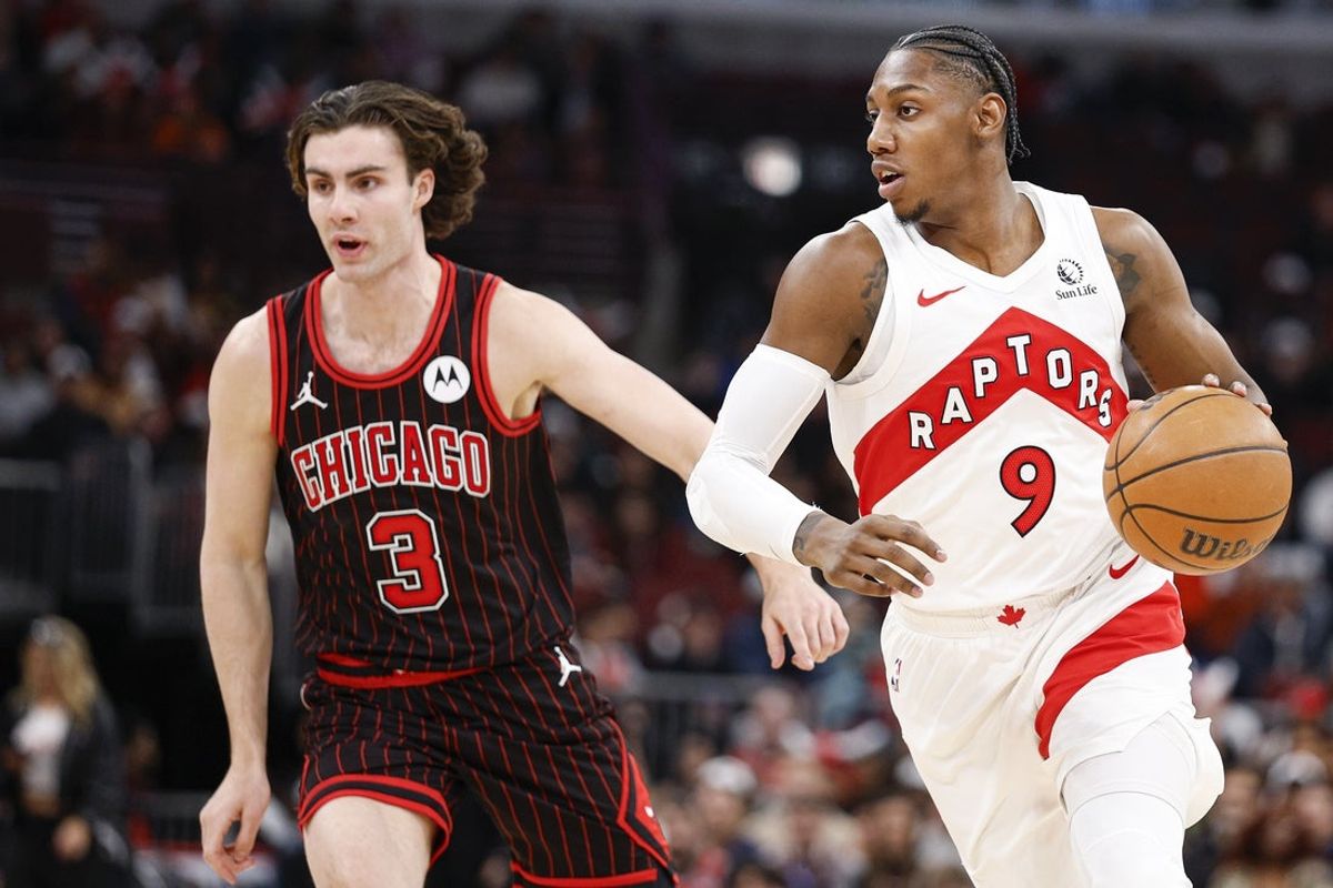 Mar 18, 2026; Chicago, Illinois, USA; Toronto Raptors forward RJ Barrett (9) drives to the basket against Chicago Bulls guard Josh Giddey (3) during the first half at United Center. Mandatory Credit: Kamil Krzaczynski-Imagn Images