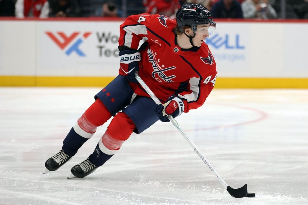 Mar 18, 2026; Washington, District of Columbia, USA; Washington Capitals defenseman Cole Hutson (44) controls the puck during the second period against the Ottawa Senators at Capital One Arena. Mandatory Credit: Daniel Kucin Jr.-Imagn Images