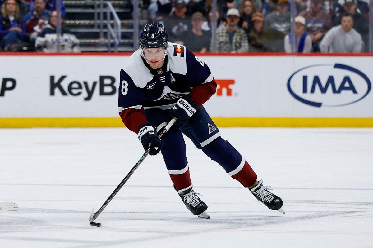 Mar 18, 2026; Denver, Colorado, USA; Colorado Avalanche defenseman Cale Makar (8) controls the puck in the second period against the Dallas Stars at Ball Arena. Mandatory Credit: Isaiah J. Downing-Imagn Images