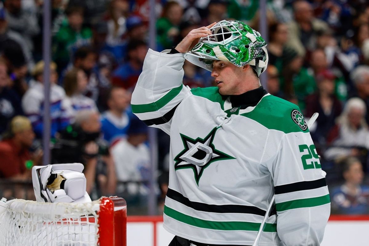 Mar 18, 2026; Denver, Colorado, USA; Dallas Stars goaltender Jake Oettinger (29) in overtime against the Colorado Avalanche at Ball Arena. Mandatory Credit: Isaiah J. Downing-Imagn Images