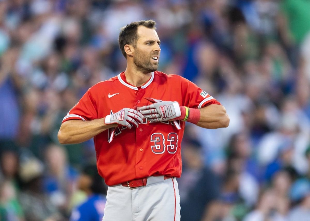 Mar 17, 2026; Mesa, Arizona, USA; Los Angeles Angels outfielder Chris Taylor against the Chicago Cubs during a spring training game at Sloan Park. Mandatory Credit: Mark J. Rebilas-Imagn Images