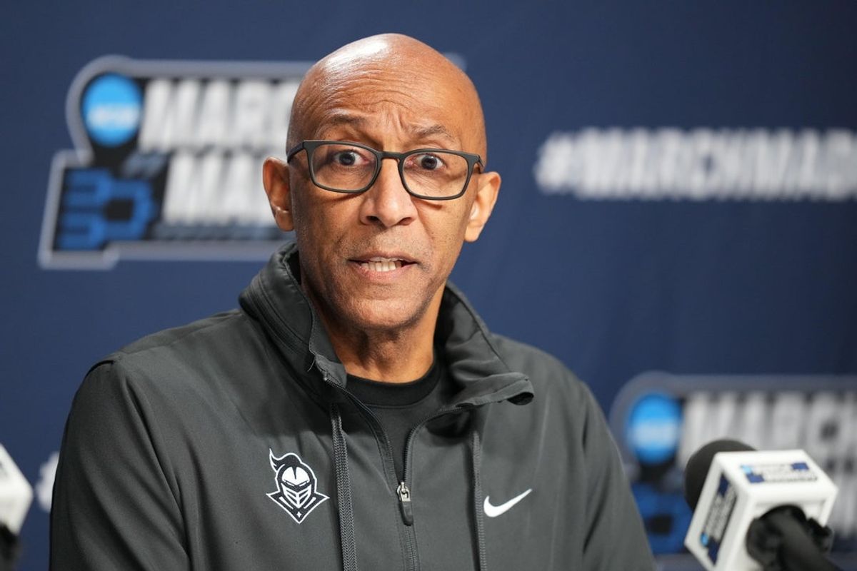 Mar 19, 2026; Philadelphia, PA, USA; UCF Knights head coach Johnny Dawkins conducts a press conference during a practice session ahead of the first round of the men's 2026 NCAA Tournament at Xfinity Mobile Arena. Mandatory Credit: Kyle Ross-Imagn Images