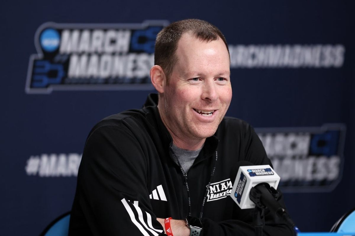 Mar 19, 2026; Philadelphia, PA, USA; Miami (OH) RedHawks head coach Travis Steele speaks with the media before a practice session ahead of the first round of the men's 2026 NCAA Tournament at Xfinity Mobile Arena. Mandatory Credit: Bill Streicher-Imagn Images