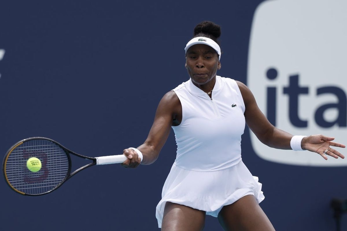 Mar 19, 2026; Miami Gardens, FL, USA; Venus Williams (USA) hits a forehand against Francesca Jones (GBR) (not pictured) on day three of the 2026 Miami Open at Hard Rock Stadium. Mandatory Credit: Geoff Burke-Imagn Images