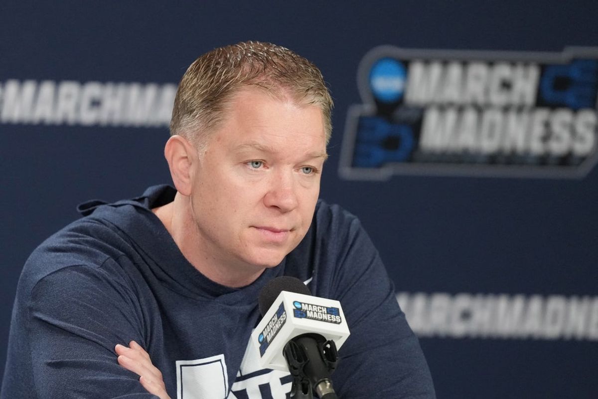 Mar 19, 2026; San Diego, CA, USA; Utah State Aggies head coach Jerrod Calhoun at press conference ahead of the first round of the men's 2026 NCAA Tournament at Viejas Arena. Mandatory Credit: Kirby Lee-Imagn Images