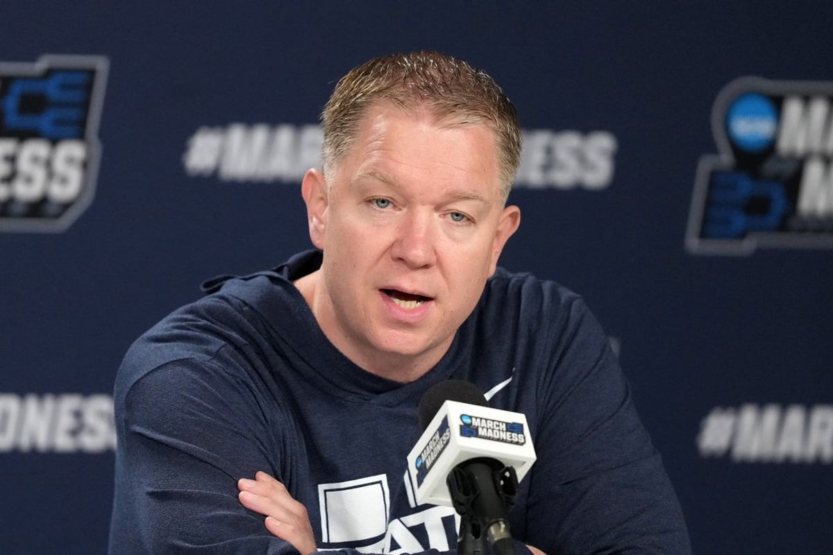 Mar 19, 2026; San Diego, CA, USA; Utah State Aggies head coach Jerrod Calhoun at press conference ahead of the first round of the men's 2026 NCAA Tournament at Viejas Arena. Mandatory Credit: Kirby Lee-Imagn Images