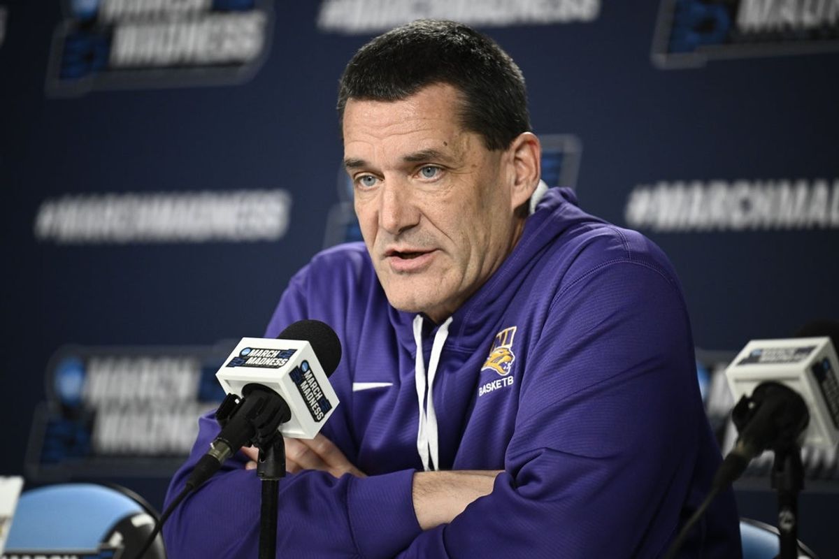 Mar 19, 2026; San Diego, CA, USA; Northern Iowa head coach Ben Jacobson speaks at a press conference ahead of the first round of the men's 2026 NCAA Tournament at Viejas Arena. Mandatory Credit: Denis Poroy-Imagn Images