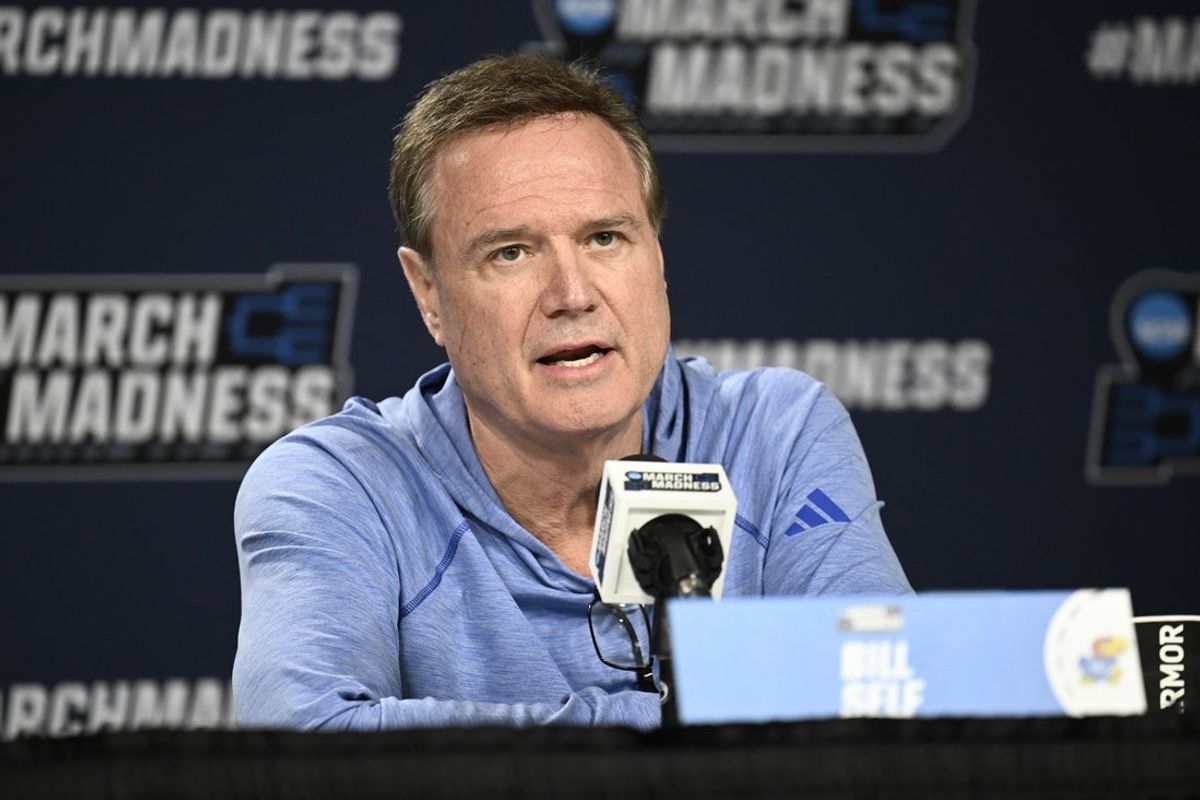 Mar 19, 2026; San Diego, CA, USA; Kansas Jayhawks head coach Bill Self speaks at a press conference ahead of the first round of the men's 2026 NCAA Tournament at Viejas Arena. Mandatory Credit: Denis Poroy-Imagn Images
