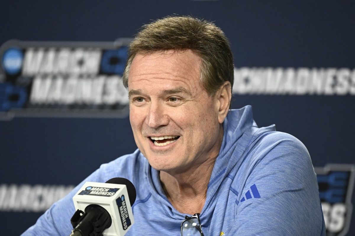 Mar 19, 2026; San Diego, CA, USA; Kansas Jayhawks head coach Bill Self speaks at a press conference ahead of the first round of the men's 2026 NCAA Tournament at Viejas Arena. Mandatory Credit: Denis Poroy-Imagn Images