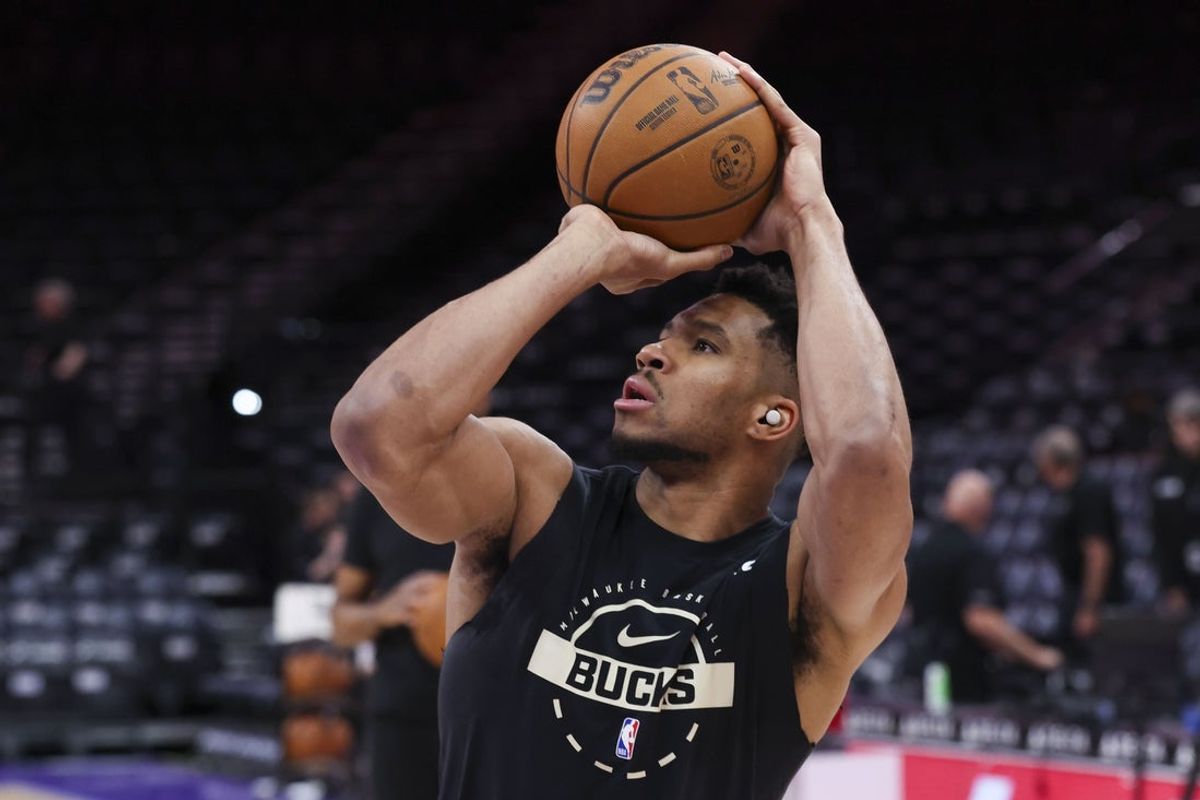 Mar 19, 2026; Salt Lake City, Utah, USA; Milwaukee Bucks forward Giannis Antetokounmpo (34) warms up before the game against the Utah Jazz at Delta Center. Mandatory Credit: Rob Gray-Imagn Images