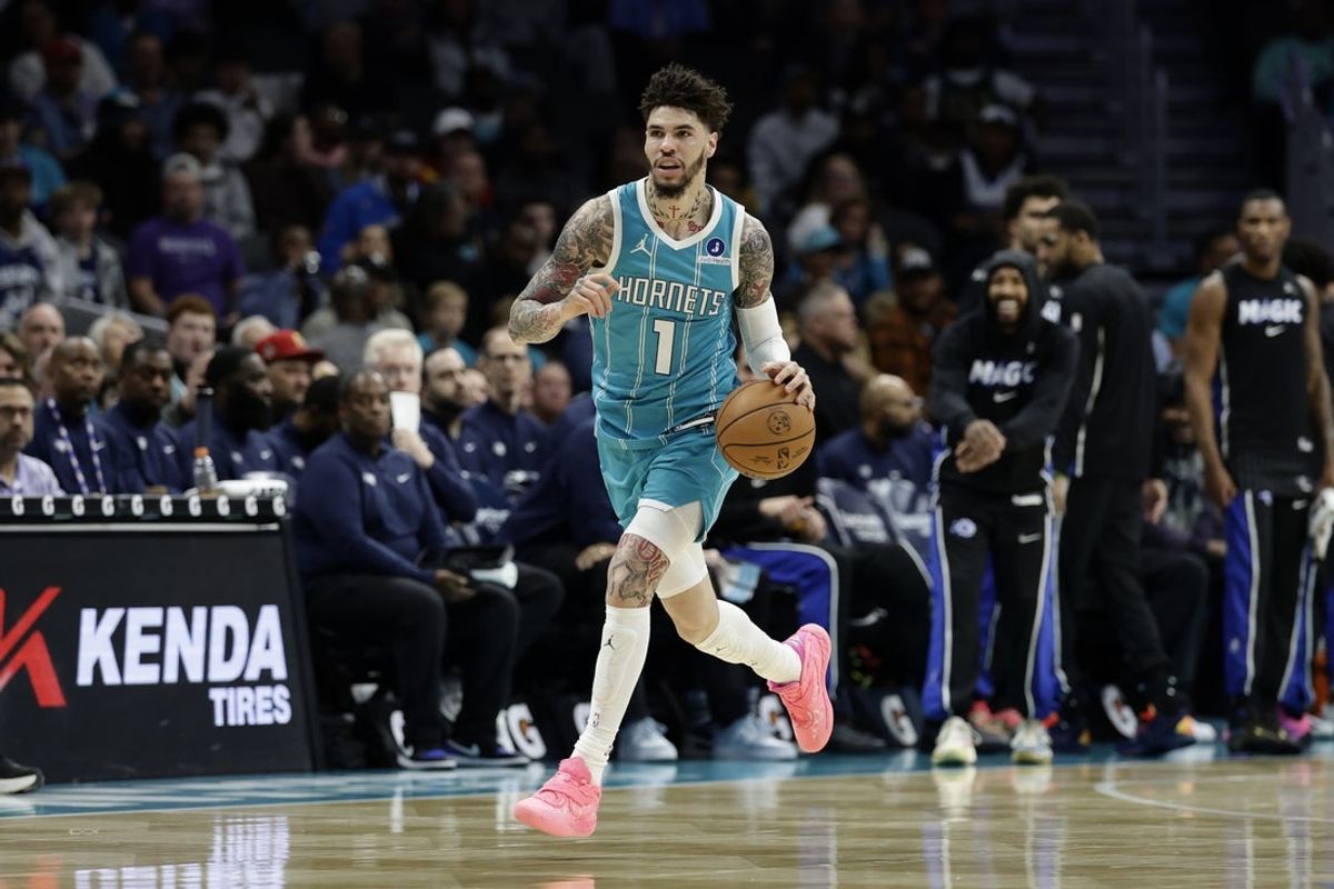 Mar 19, 2026; Charlotte, North Carolina, USA; Charlotte Hornets guard LaMelo Ball (1) dribbles the ball up the court during the first quarter against the Orlando Magic at Spectrum Center. Mandatory Credit: Brian Westerholt-Imagn Images