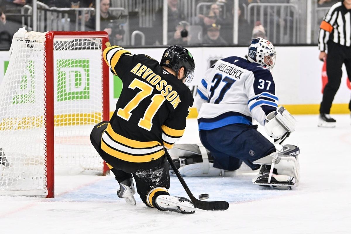 Mar 19, 2026; Boston, Massachusetts, USA; Boston Bruins left wing Viktor Arvidsson (71) shoots the puck against Winnipeg Jets goaltender Connor Hellebuyck (37) during the first period at TD Garden. Mandatory Credit: Eric Canha-Imagn Images
