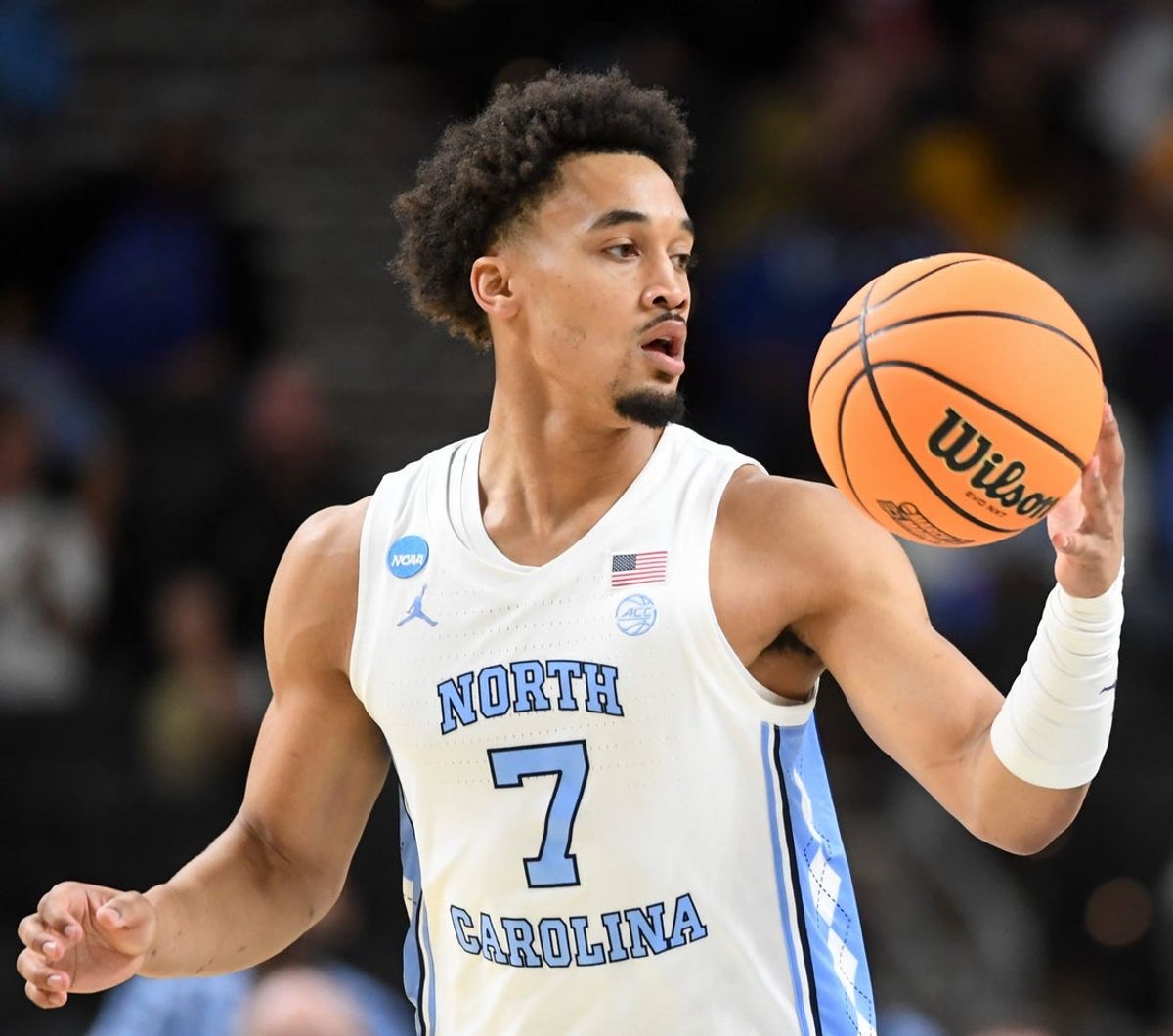 North Carolina Tar Heels guard Seth Trimble (7) drives to the basket Thursday, March 19, 2026, during the NCAA Men’s Basketball Tournament first round game against the VCU Rams at Bon Secours Wellness Arena in Greenville, South Carolina.