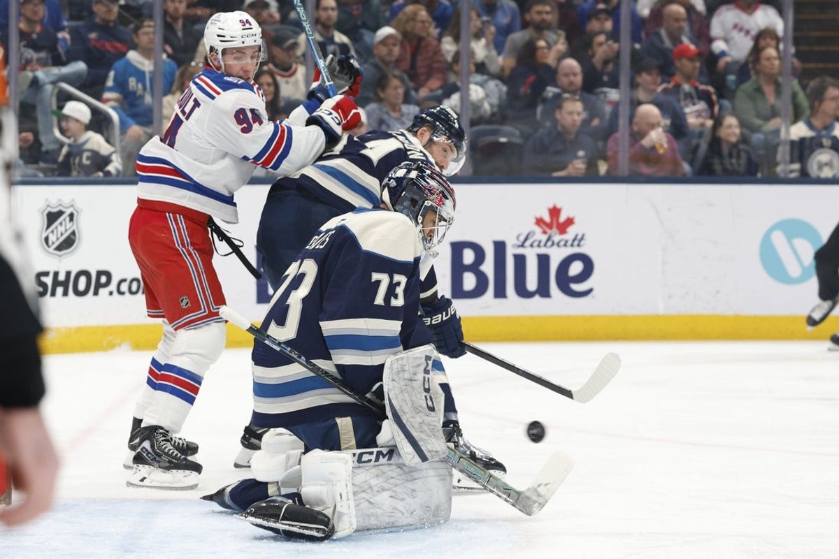 Mar 19, 2026; Columbus, Ohio, USA; Columbus Blue Jackets goalie Jet Greaves (73) makes a save against the New York Rangers during the first period at Nationwide Arena. Mandatory Credit: Russell LaBounty-Imagn Images