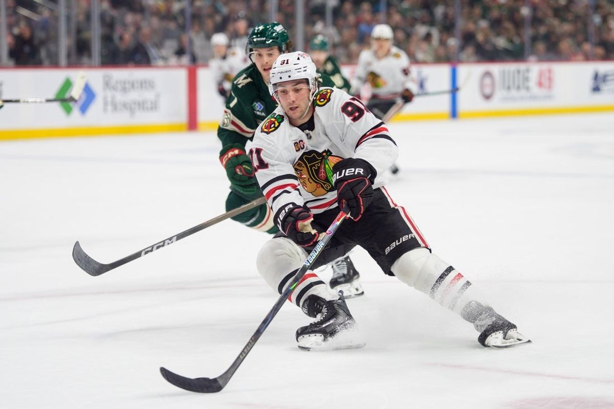 Mar 19, 2026; Saint Paul, Minnesota, USA; Chicago Blackhawks center Frank Nazar (91) skates to the Minnesota Wild net in the first period at Grand Casino Arena. Mandatory Credit: Matt Blewett-Imagn Images