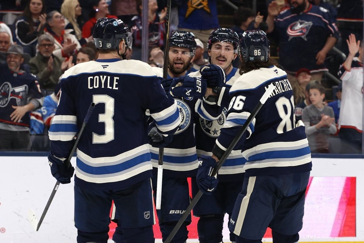 Mar 19, 2026; Columbus, Ohio, USA; Columbus Blue Jackets center Adam Fantilli (19) celebrates his goal against the New York Rangers during the second period at Nationwide Arena. Mandatory Credit: Russell LaBounty-Imagn Images
