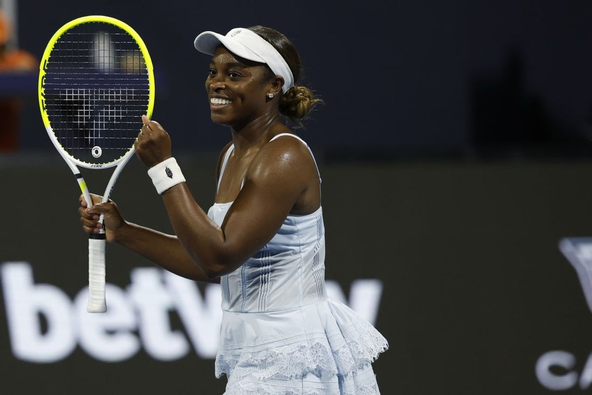 Mar 19, 2026; Miami Gardens, FL, USA; Sloane Stephens (USA) celebrates after match point against Jen Brady (USA) (not pictured) on day three of the 2026 Miami Open at Hard Rock Stadium. Mandatory Credit: Geoff Burke-Imagn Images