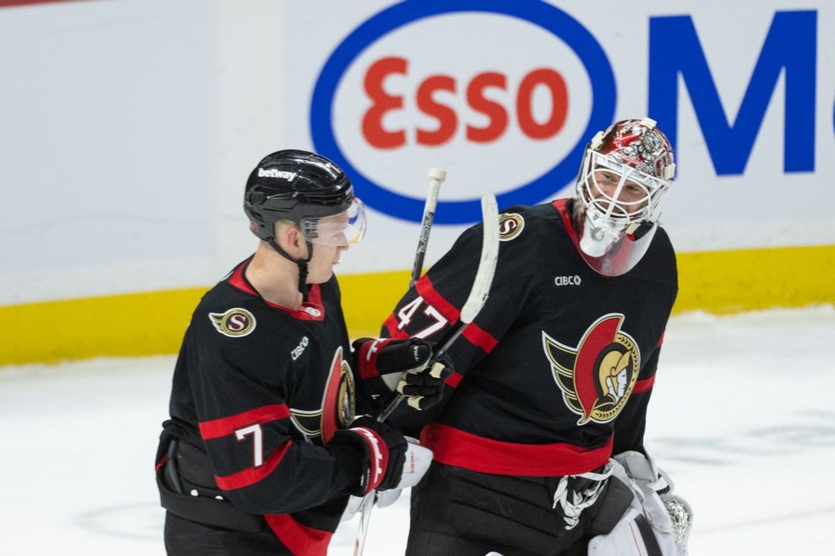 Mar 19, 2026; Ottawa, Ontario, CAN; Ottawa Senators left wing Brady Tkachuk (7) and goalie James Reimer (47) share a moment forllowing their win  against the New York Islanders at the Canadian Tire Centre. Mandatory Credit: Marc DesRosiers-IMAGN Images