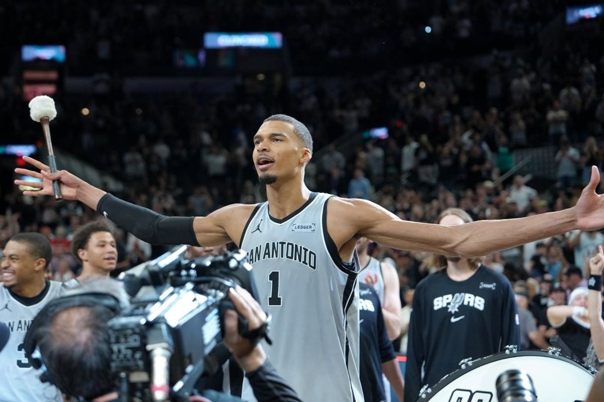 Mar 19, 2026; San Antonio, Texas, USA;  San Antonio Spurs forward Victor Wembanyama (1) celebrates after the game against the Phoenix Suns at Frost Bank Center. Mandatory Credit: Daniel Dunn-Imagn Images