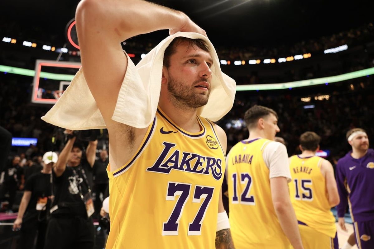 Mar 19, 2026; Miami, Florida, USA; Los Angeles Lakers guard Luka Doncic (77) after 60 point game against the Miami Heat at Kaseya Center. Mandatory Credit: Isabella Frias-Imagn Images