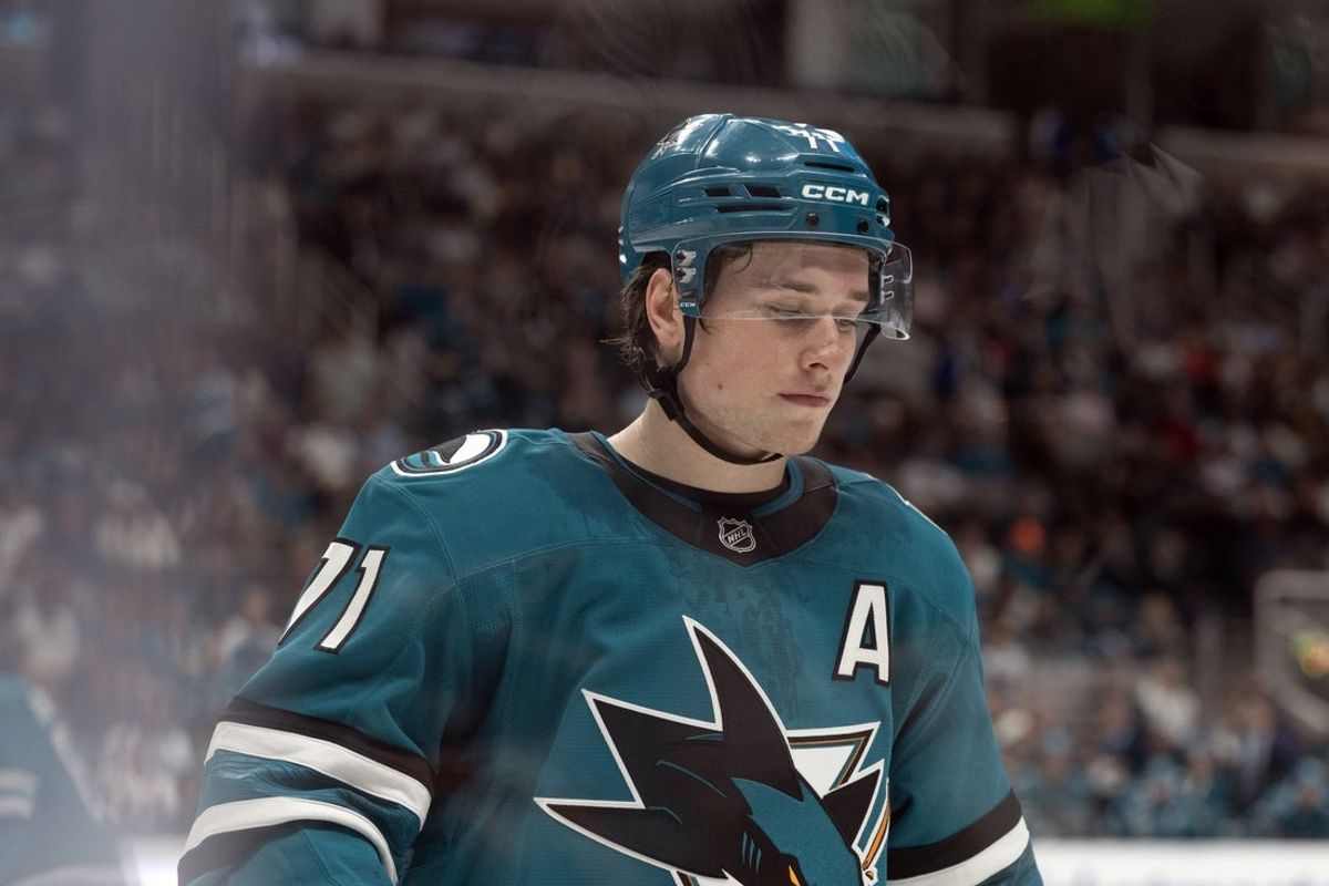 Mar 19, 2026; San Jose, California, USA; San Jose Sharks center Macklin Celebrini (71) awaits the resumption of play against the Buffalo Sabres during the second period at SAP Center at San Jose. Mandatory Credit: D. Ross Cameron-Imagn Images