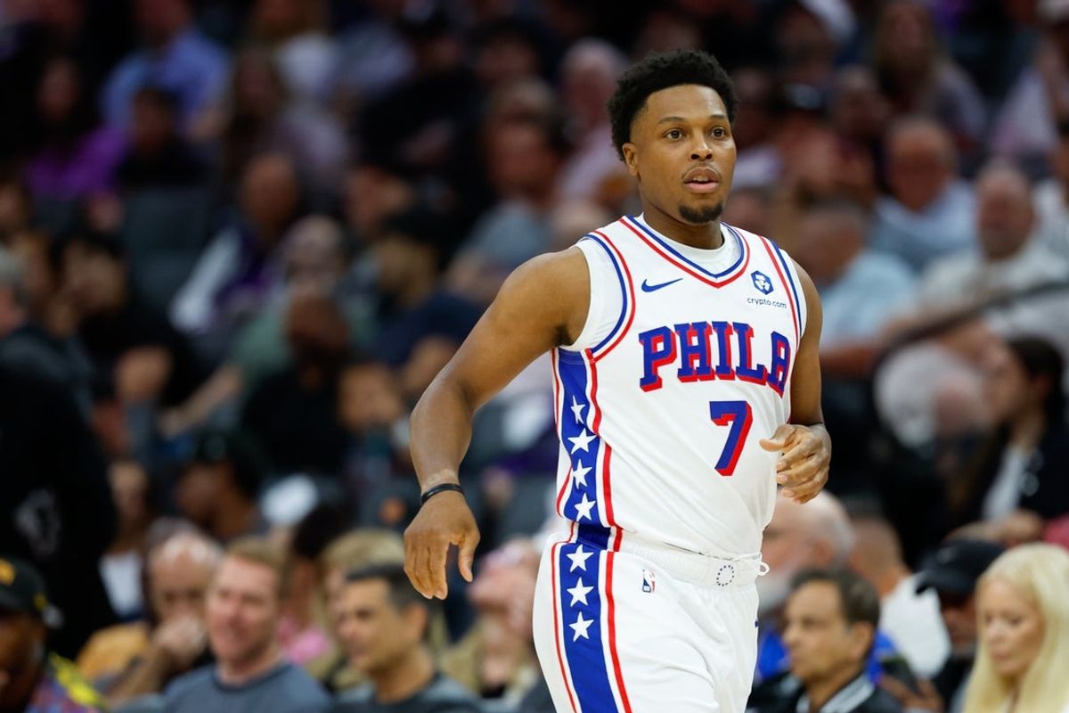 Mar 19, 2026; Sacramento, California, USA; Philadelphia 76ers guard Kyle Lowry (7) runs up the court during the second quarter against the Sacramento Kings at Golden 1 Center. Mandatory Credit: Sergio Estrada-Imagn Images