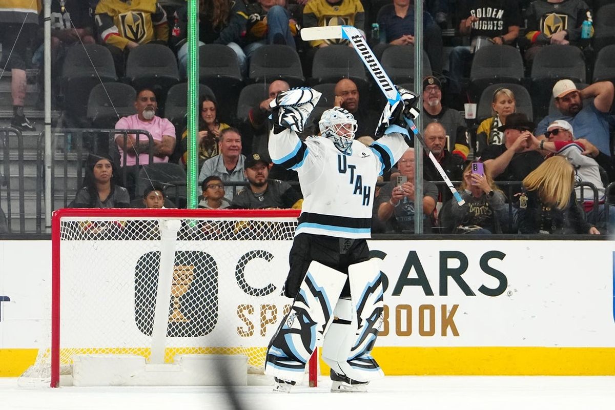 Mar 19, 2026; Las Vegas, Nevada, USA; Utah Mammoth goaltender Karel Vejmelka (70) celebrates after the Mammoth defeated the Vegas Golden Knights 4-0 at T-Mobile Arena. Mandatory Credit: Stephen R. Sylvanie-Imagn Images