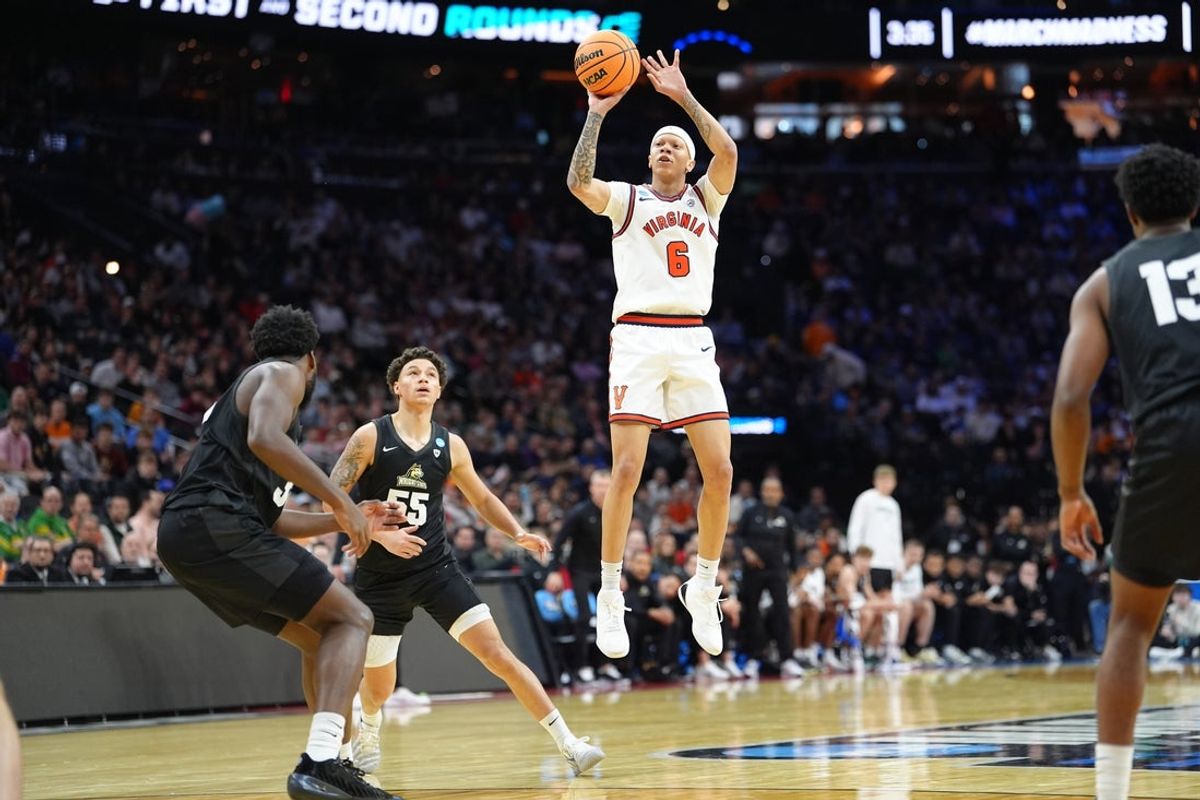 Mar 20, 2026; Philadelphia, PA, USA; Virginia Cavaliers guard Jacari White (6) takes a jump shot during the second half against the Wright State Raiders during a first round game of the men's 2026 NCAA Tournament at Xfinity Mobile Arena. Mandatory Credit: Kyle Ross-Imagn Images