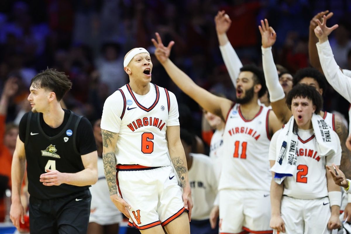Mar 20, 2026; Philadelphia, PA, USA; Virginia Cavaliers guard Jacari White (6) reacts after the game against the Wright State Raiders during a first round game of the men's 2026 NCAA Tournament at Xfinity Mobile Arena. Mandatory Credit: Bill Streicher-Imagn Images