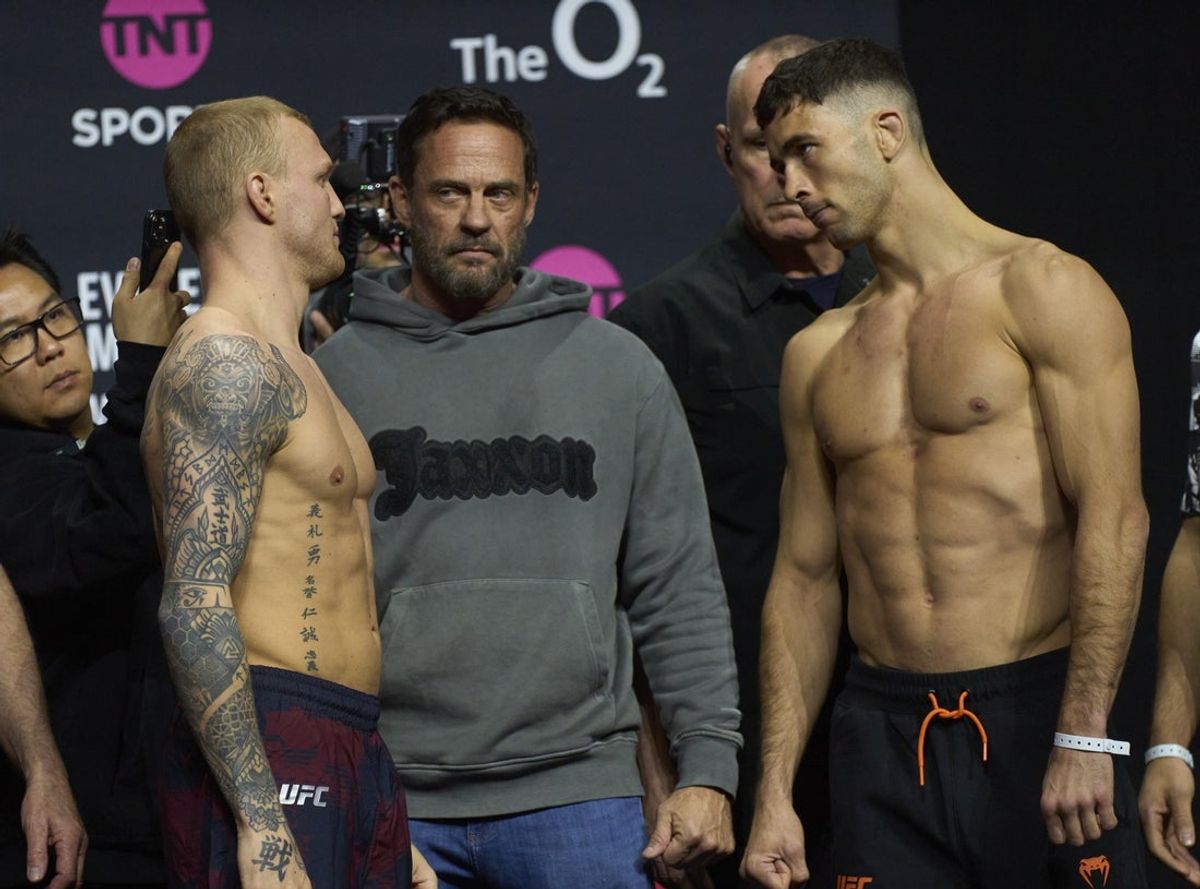 Mar 20, 2026; London, UNITED KINGDOM;  Axel Sola of France and Mason Jones of Wales at weigh-ins for UFC Fight Night at O2 Arena. Mandatory Credit: Peter van den Berg-Imagn Images
