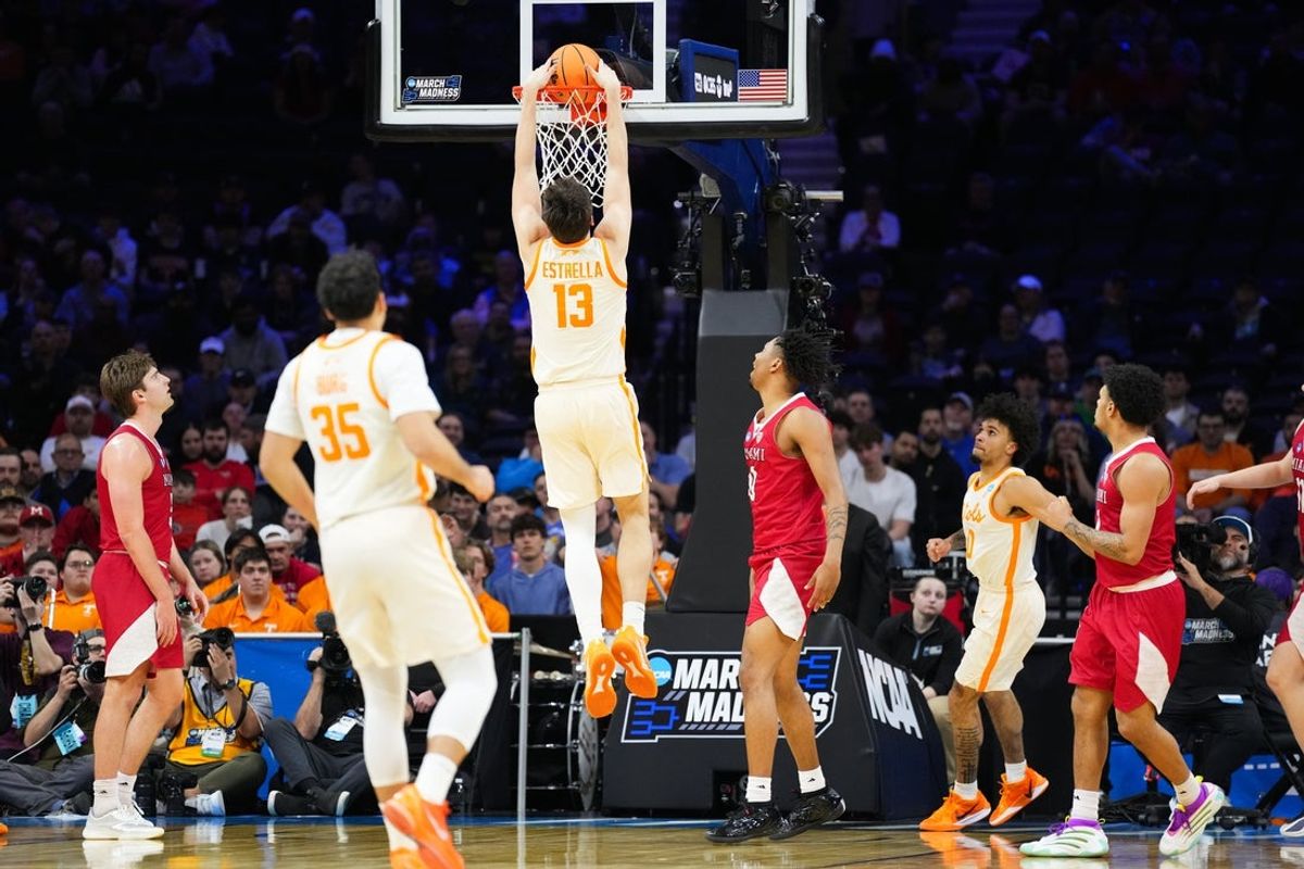 Mar 20, 2026; Philadelphia, PA, USA; Tennessee Volunteers forward J.P. Estrella (13) dunks during the second half against the Miami (OH) RedHawks during a first round game of the men's 2026 NCAA Tournament at Xfinity Mobile Arena. Mandatory Credit: Kyle Ross-Imagn Images