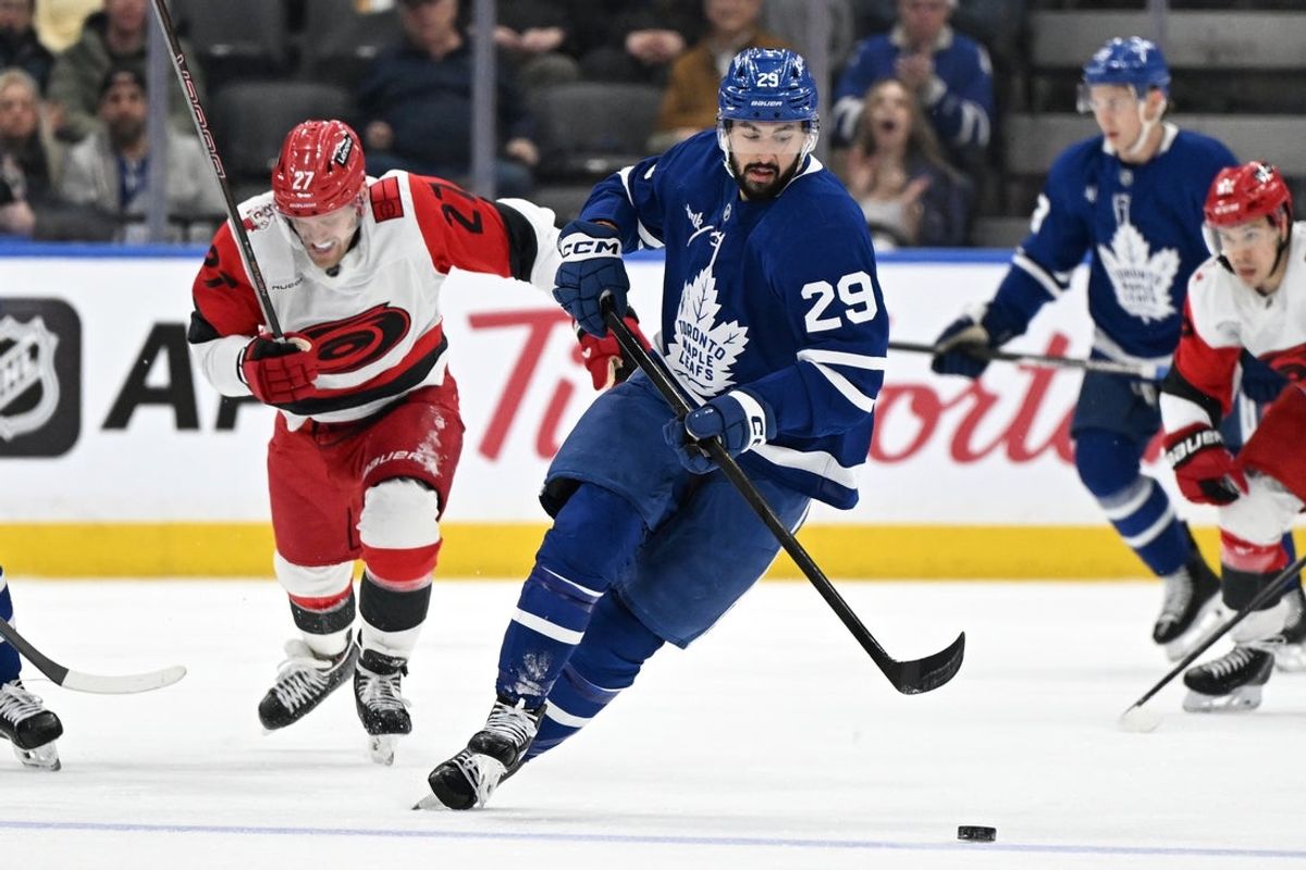 Mar 20, 2026; Toronto, Ontario, CAN;  Toronto Maple Leafs forward Bo Groulx (29) skates with the puck against the Carolina Hurricanes in the first period at Scotiabank Arena. Mandatory Credit: Dan Hamilton-Imagn Images