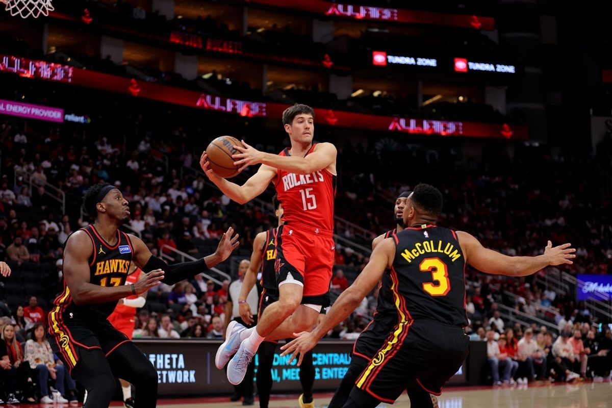 Mar 20, 2026; Houston, Texas, USA; Houston Rockets guard Reed Sheppard (15) drives to the basket against the Atlanta Hawks during the first quarter at Toyota Center. Mandatory Credit: Erik Williams-Imagn Images