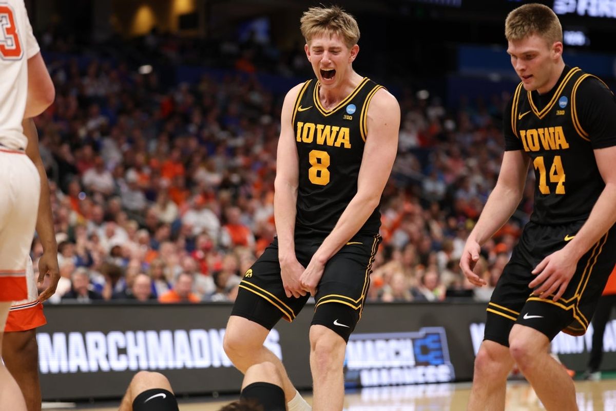 Mar 20, 2026; Tampa, FL, USA; Iowa Hawkeyes forward Cooper Koch (8) reacts in the second half against the Clemson Tigers during a first round game of the men's 2026 NCAA Tournament at Benchmark International Arena. Mandatory Credit: Matt Pendleton-Imagn Images