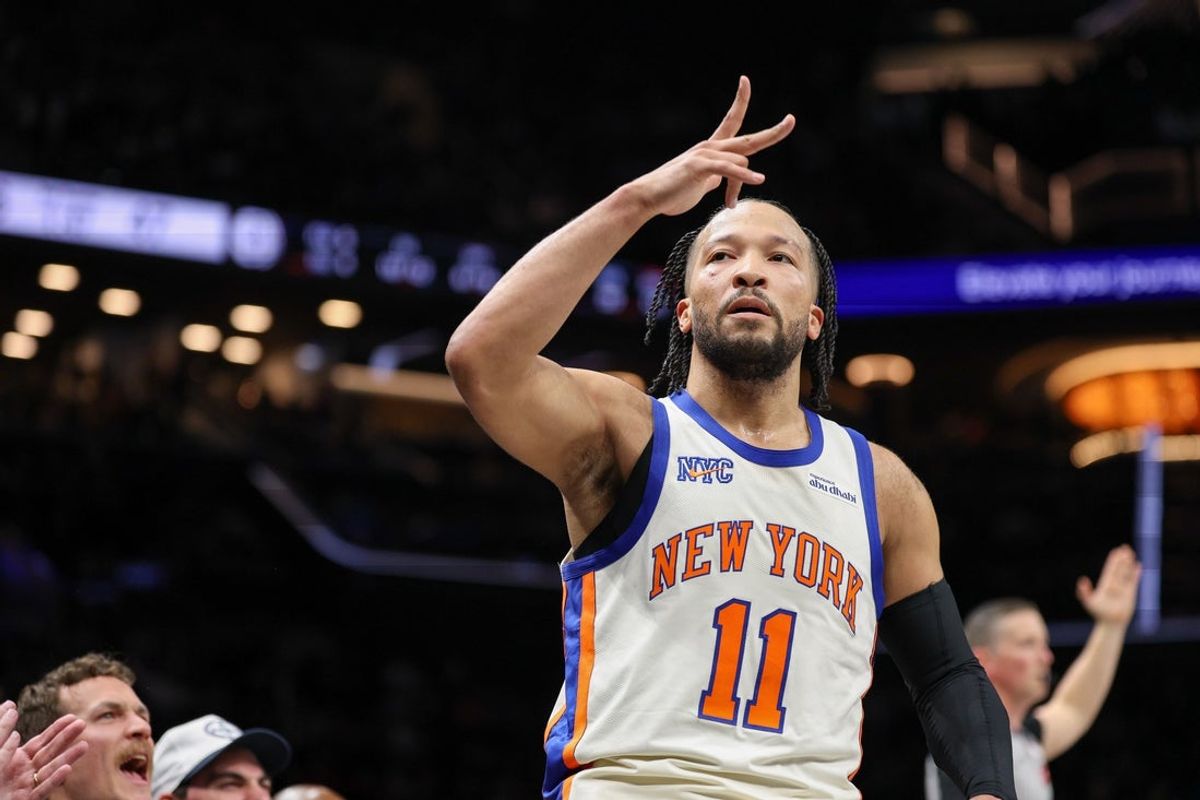 Mar 20, 2026; Brooklyn, New York, USA; New York Knicks guard Jalen Brunson (11) reacts after making a three point basket during the first half against the Brooklyn Nets at Barclays Center. Mandatory Credit: Vincent Carchietta-Imagn Images