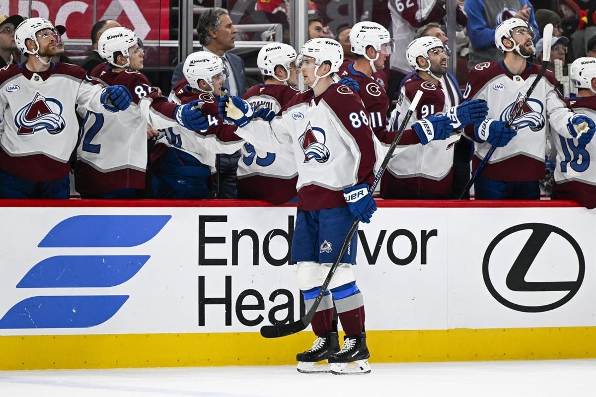 Mar 20, 2026; Chicago, Illinois, USA;  Colorado Avalanche center Martin Necas (88) celebrates with teammates after scoring a goal against the Chicago Blackhawks during the first period at United Center. Mandatory Credit: Matt Marton-Imagn Images