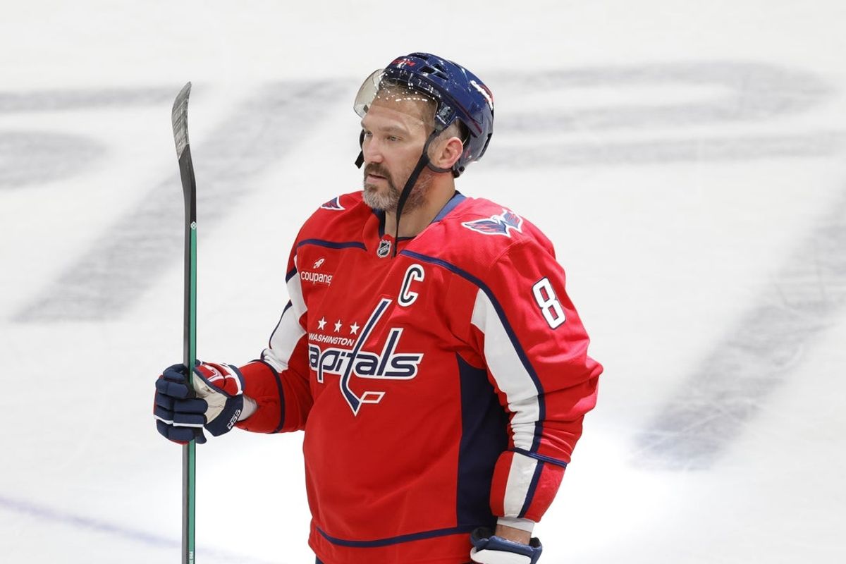 Mar 20, 2026; Washington, District of Columbia, USA; Washington Capitals left wing Alex Ovechkin (8) reacts after defeating the New Jersey Devils at Capital One Arena. Mandatory Credit: Amber Searls-Imagn Images