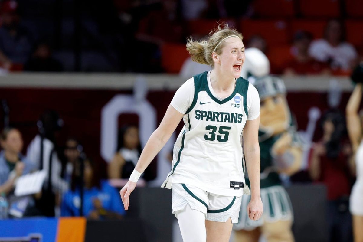 Michigan State Spartans guard Kennedy Blair (35) celebrates after making a basket during a first-round game in the NCAA women's basketball tournament between the Colorado State Rams and the Michigan State Spartans at Lloyd Noble Center in Norman, Okla., Friday, March 20, 2026.