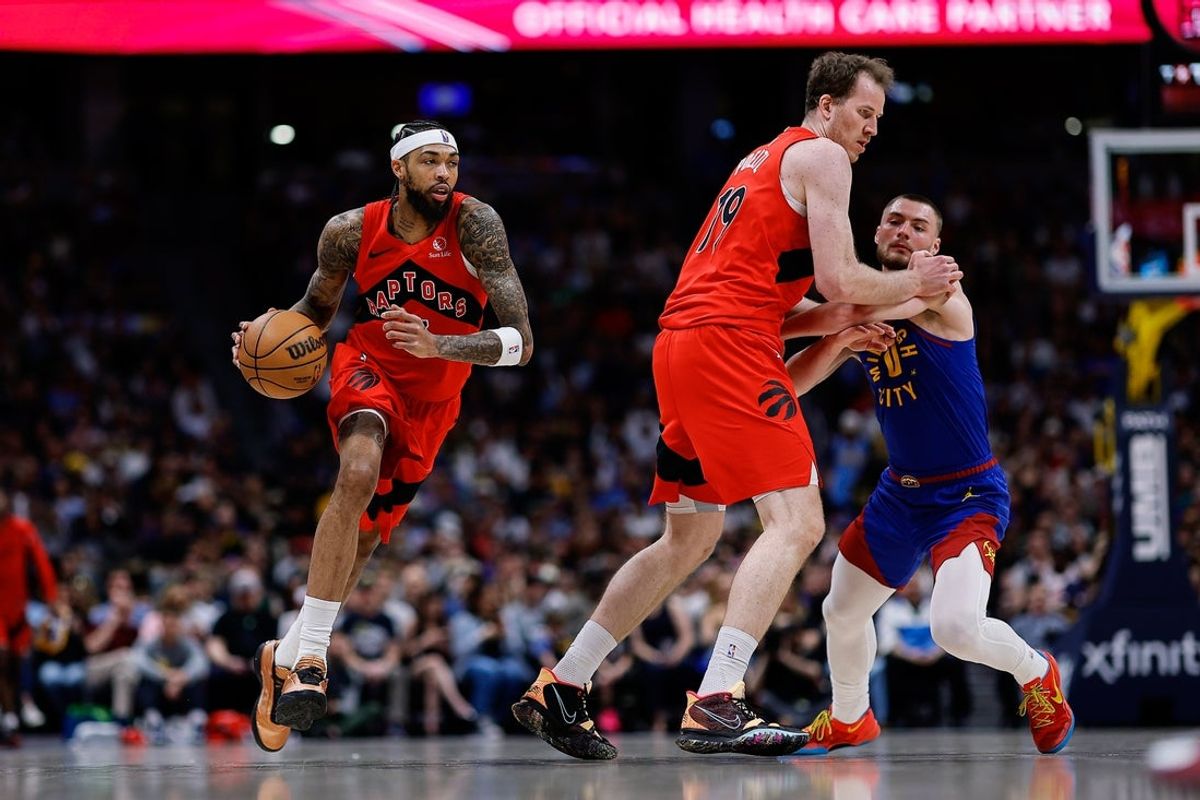 Mar 20, 2026; Denver, Colorado, USA; Toronto Raptors forward Brandon Ingram (3) controls the ball as center Jakob Poeltl (19) screens against Denver Nuggets guard Christian Braun (0) in the second quarter at Ball Arena. Mandatory Credit: Isaiah J. Downing-Imagn Images