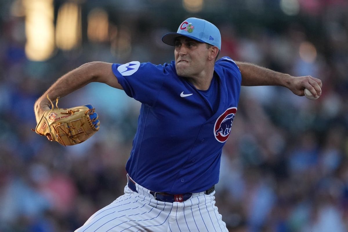 Mar 20, 2026; Mesa, Arizona, USA; Chicago Cubs pitcher Matthew Boyd (16) throws against the Cincinnati Reds in the first inning at Sloan Park. Mandatory Credit: Rick Scuteri-Imagn Images