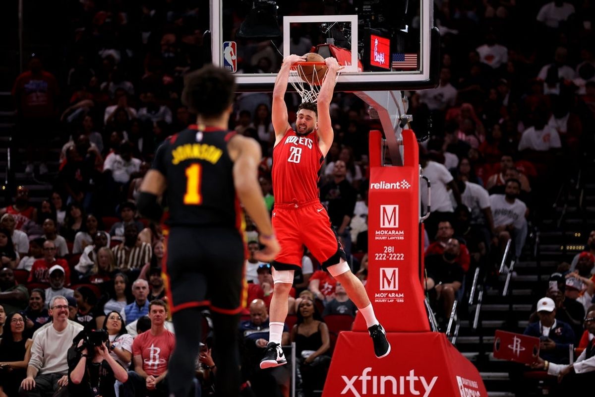 Mar 20, 2026; Houston, Texas, USA; Houston Rockets center Alperen Sengun (28) dunks against the Atlanta Hawks during the fourth quarter at Toyota Center. Mandatory Credit: Erik Williams-Imagn Images