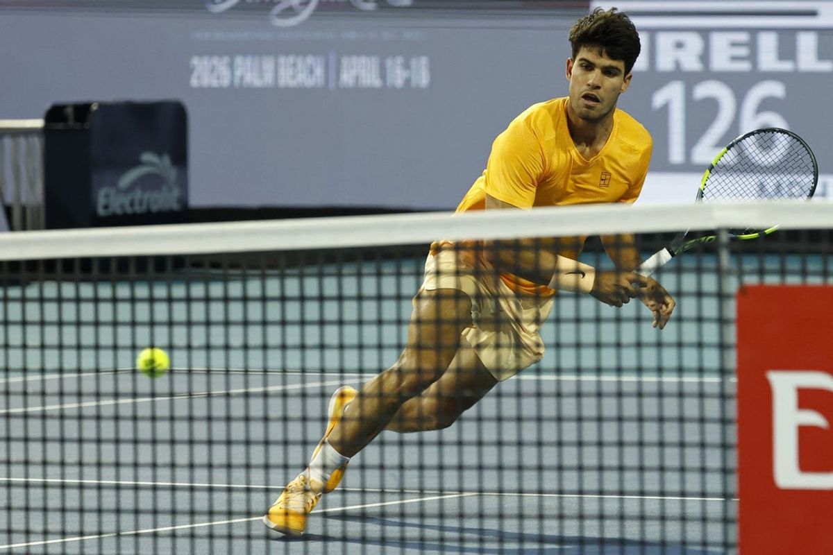 Mar 20, 2026; Miami Gardens, FL, USA; Carlos Alcaraz (ESP) chases a shot against João Fonseca (BRA)(not pictured) on day four of the 2026 Miami Open at Hard Rock Stadium. Mandatory Credit: Geoff Burke-Imagn Images